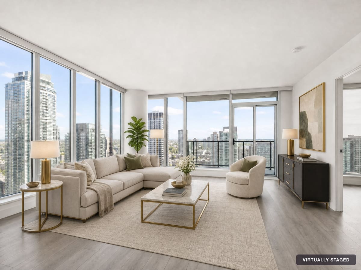 Condo living room staged in a luxury style