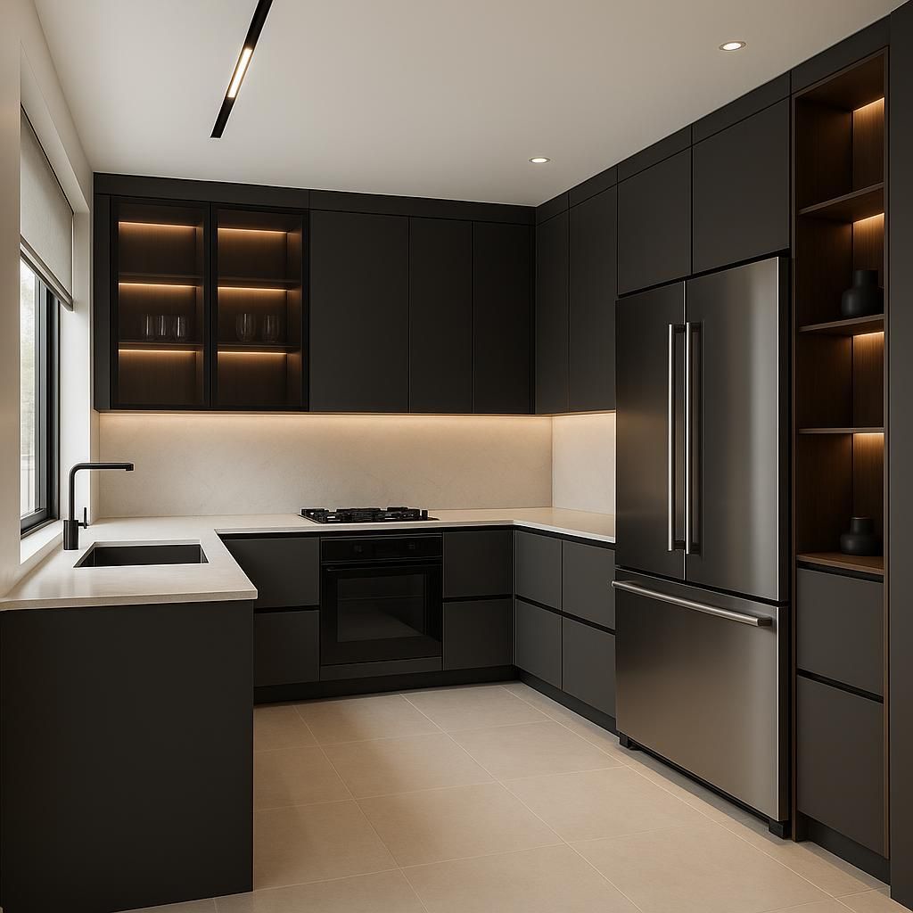 Modern U-shaped kitchen with dark cabinetry