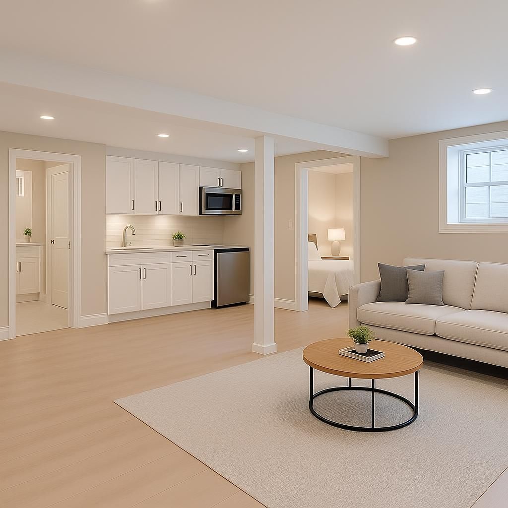 Finished basement with a kitchenette and living area