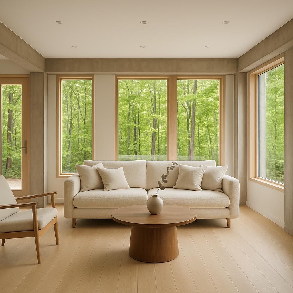 Staged living room with large windows onto the woods