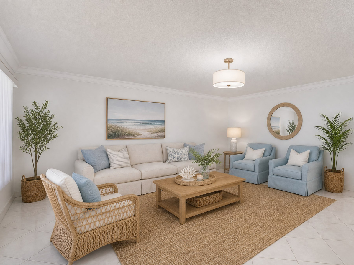 Rental living room staged in a Scandinavian style